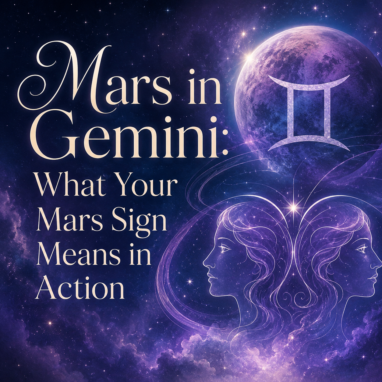 Mars in Gemini astrology image with Gemini symbol and celestial twins, representing what your Mars sign means in action.