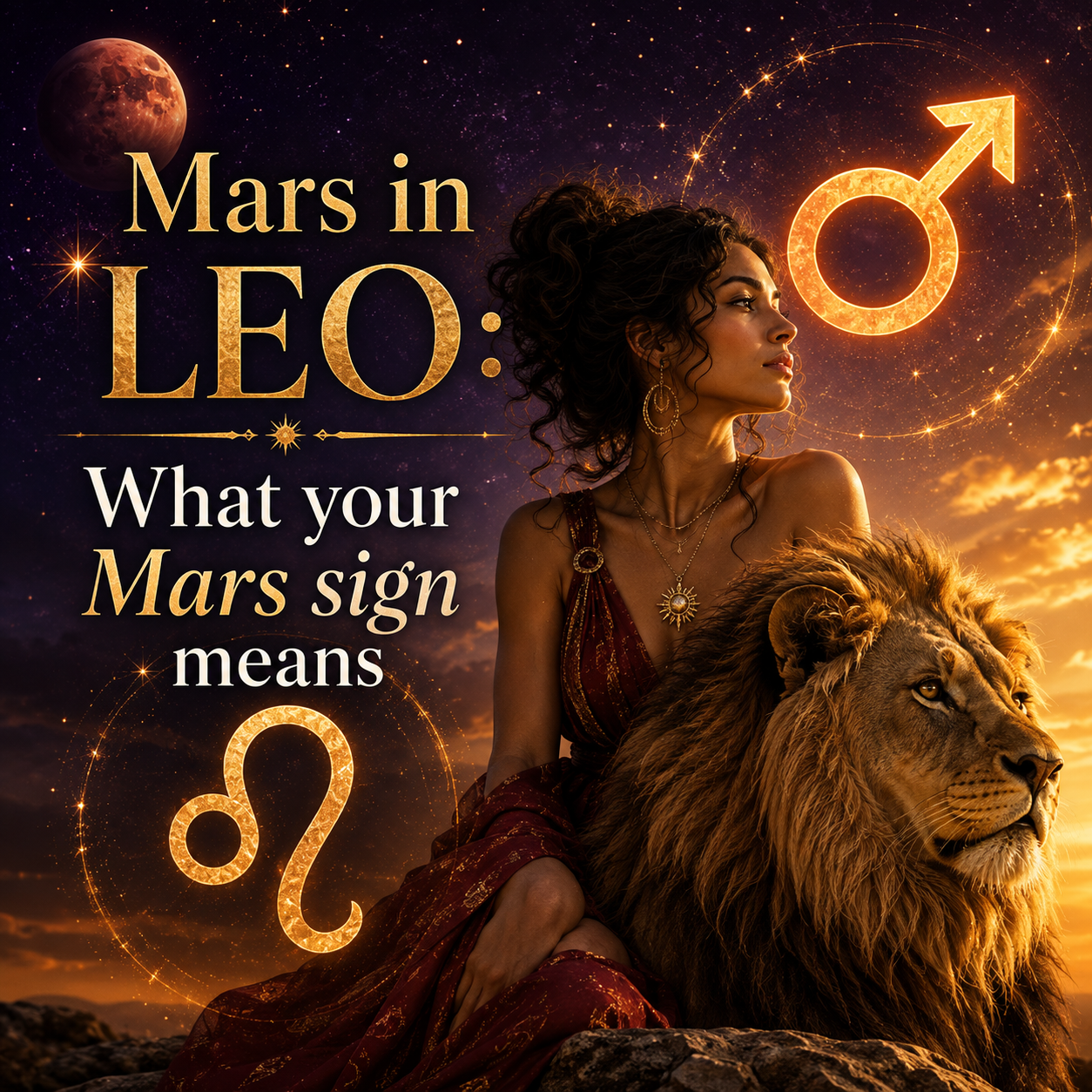 Mars in Leo astrology image with Leo symbol, Mars, lion, and confident woman representing bold action and self-expression.