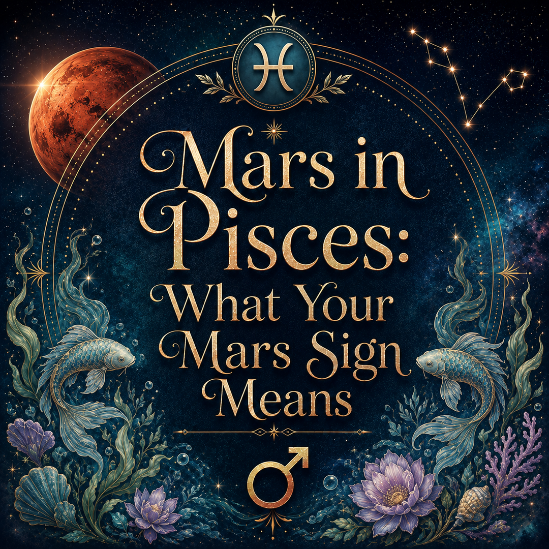 Mars in Pisces astrology image with the Pisces zodiac symbol, Mars planet, constellation, twin fish, and ocean-inspired botanical details