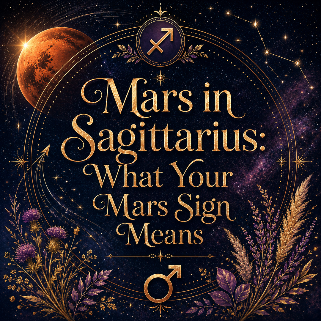 Mars in Sagittarius astrology image with the Sagittarius zodiac symbol, Mars planet, constellation, arrows, and purple botanical details