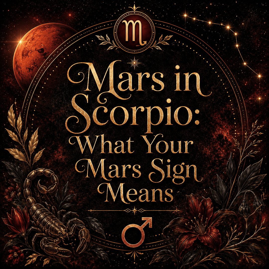 Mars in Scorpio astrology image with the Scorpio zodiac symbol, scorpion, Mars planet, constellation, and dark red flowers