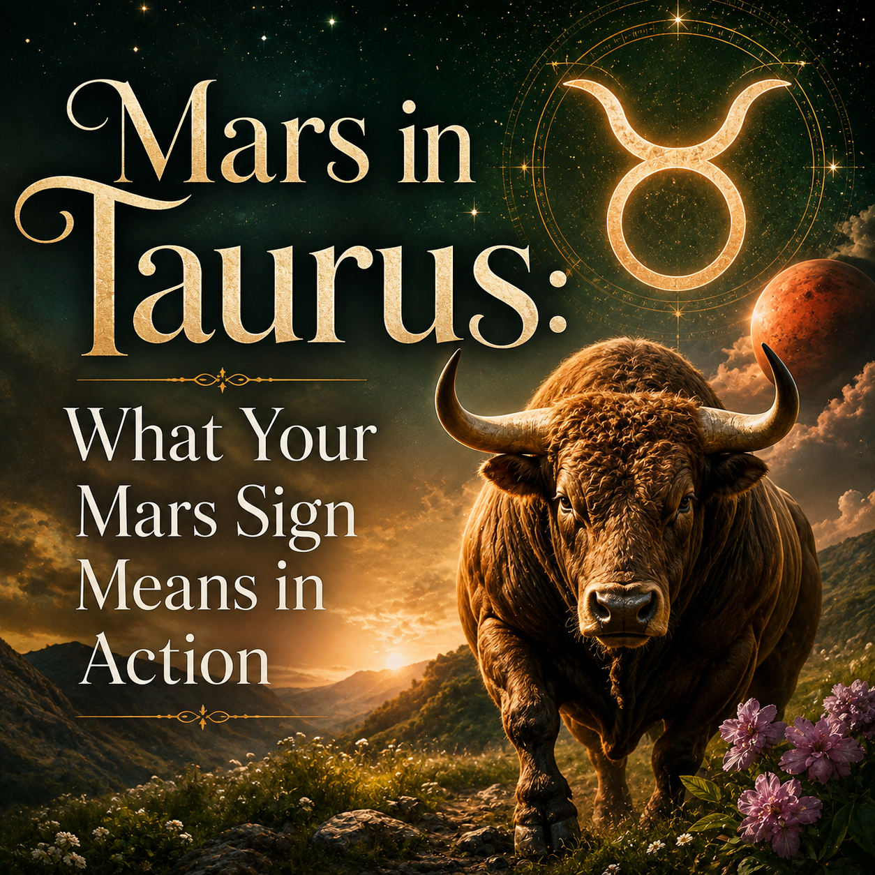 Mars in Taurus astrology image with Taurus symbol, bull, and Mars, representing what your Mars sign means in action.