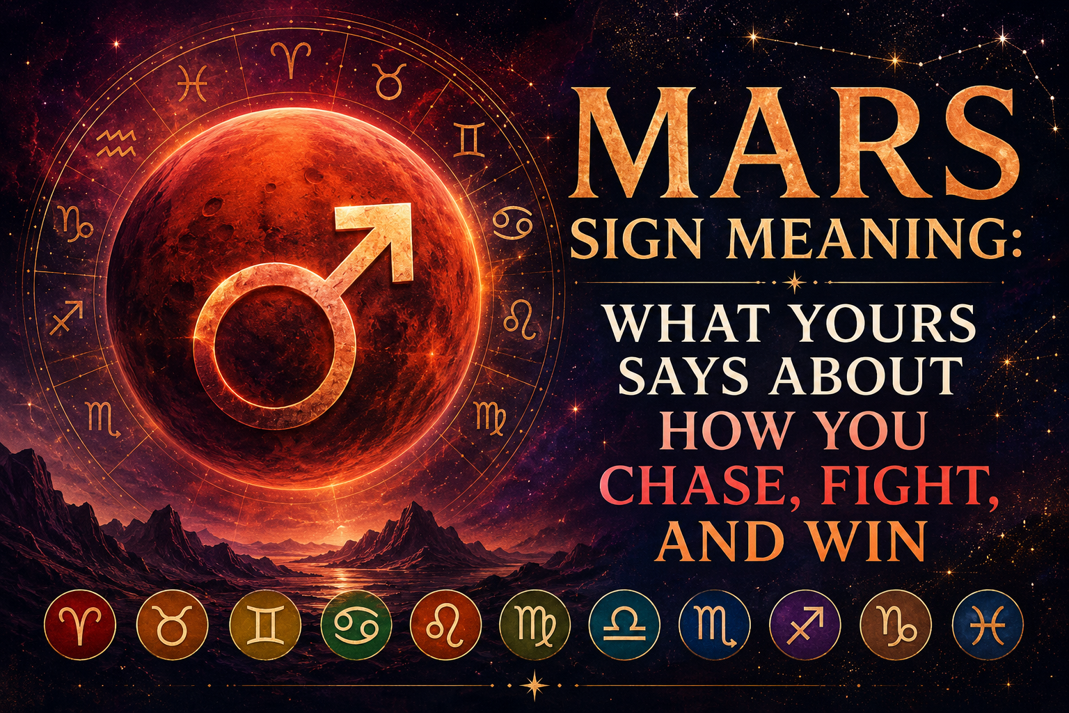 Mars sign meaning astrology image with Mars, zodiac symbols, and the theme of how you chase, fight, and win