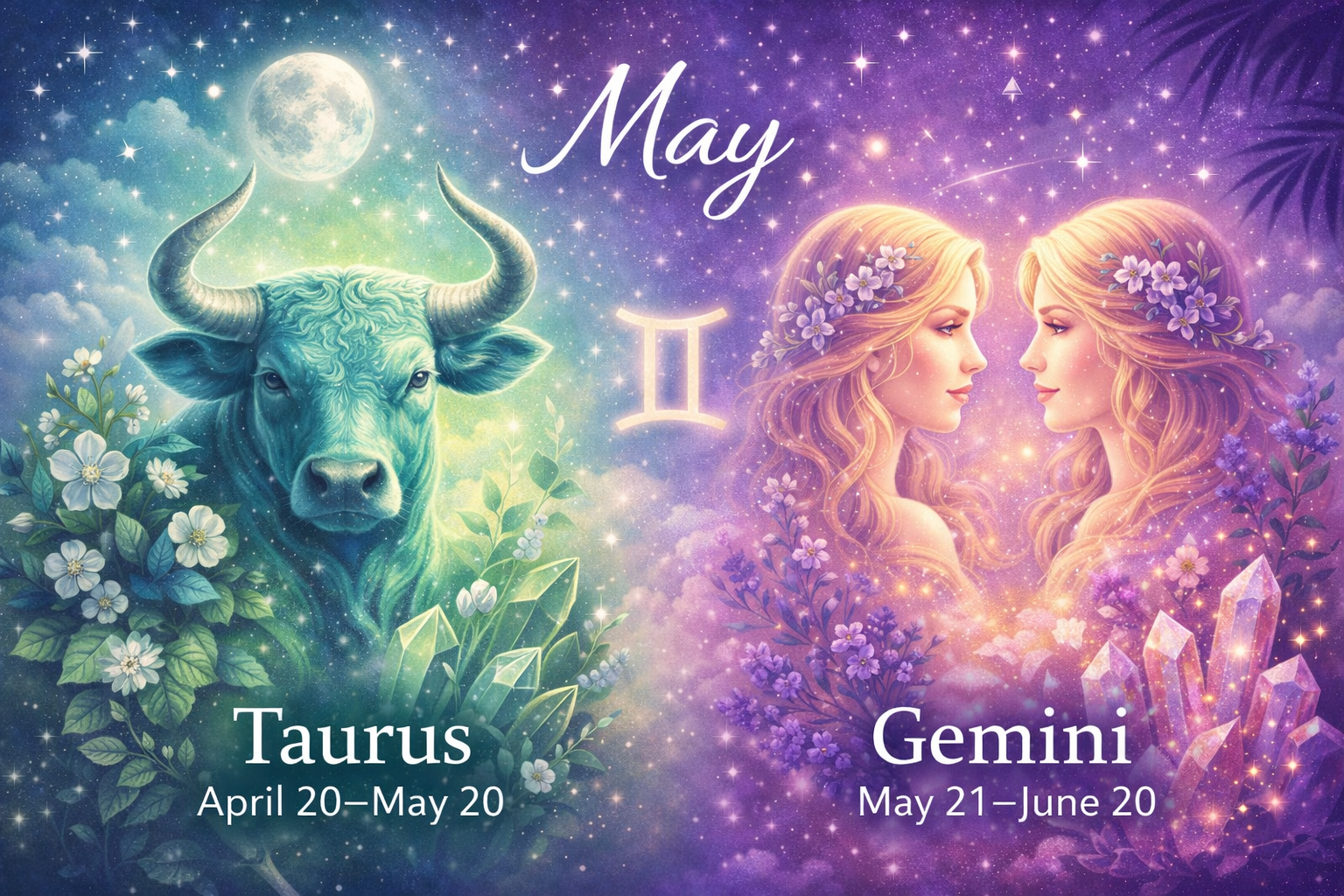 May astrology sign image showing Taurus bull and Gemini twins with soft celestial sky, flowers, and the date ranges April 20 to May 20 and May 21 to June 20