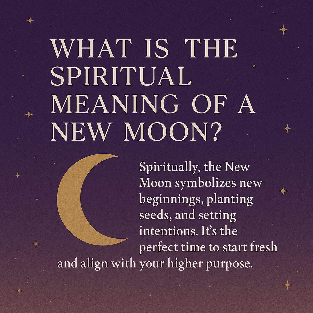 Elegant spiritual image of a New Moon with golden crescent, purple night sky, and text about new beginnings and higher purpose