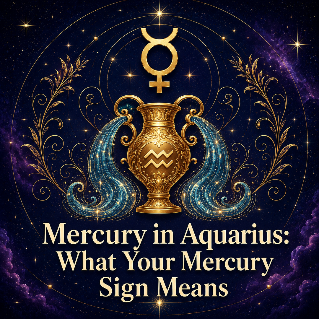 Mercury in Aquarius astrology artwork with a gold Mercury symbol and water-bearing vessel.