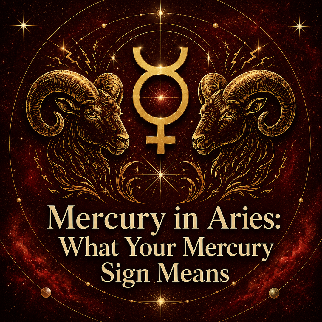 Mercury in Aries astrology artwork with a gold Mercury symbol and two rams.