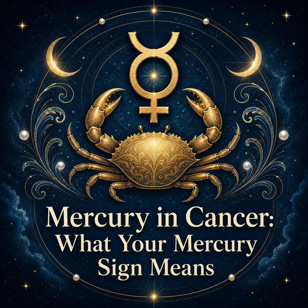 Mercury in Cancer astrology artwork with a gold Mercury symbol, crab, and crescent moons.