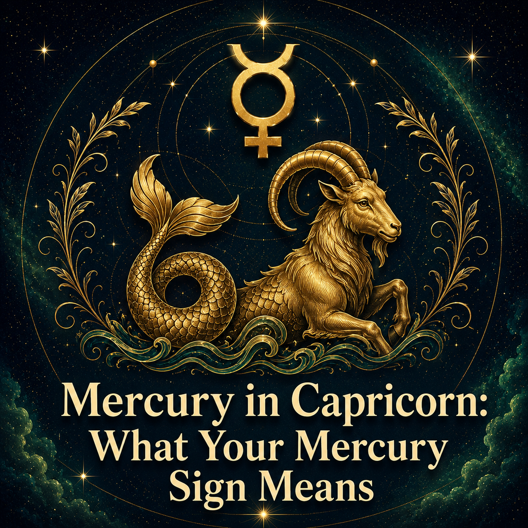 Mercury in Capricorn astrology artwork with a gold Mercury symbol and mythical sea-goat.