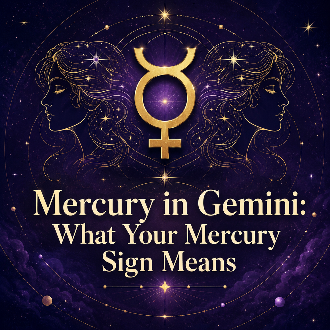 Mercury in Gemini astrology image with twin celestial figures and a gold Mercury symbol.