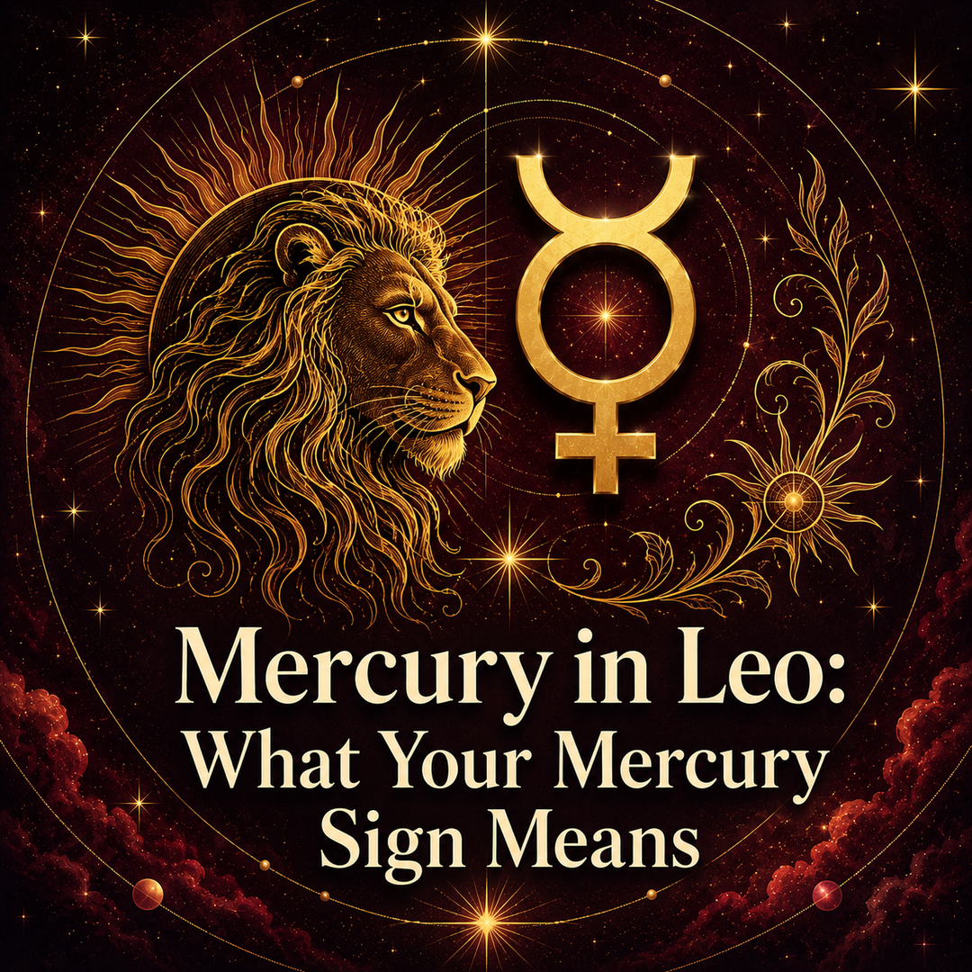 Mercury in Leo astrology artwork with a gold Mercury symbol and celestial lion.