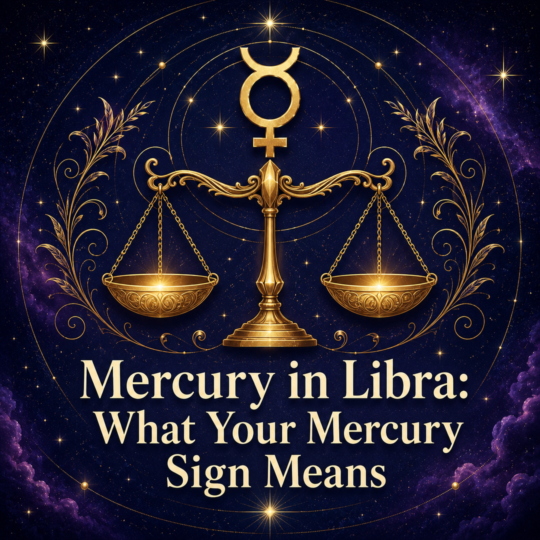 Mercury in Libra astrology artwork with a gold Mercury symbol and balance scales.