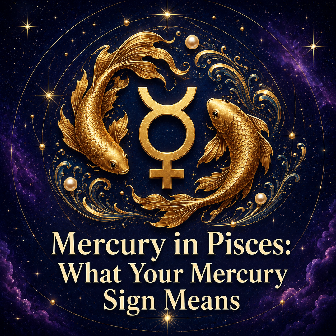 Mercury in Pisces astrology artwork with two gold fish circling a Mercury symbol.