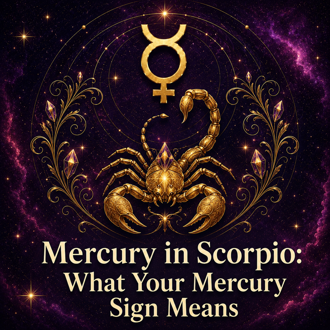Mercury in Scorpio astrology artwork with a gold Mercury symbol and jeweled scorpion.