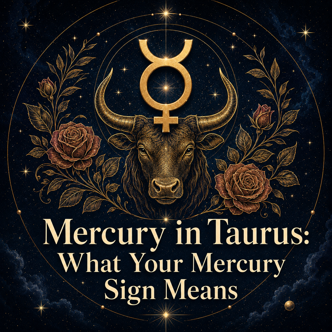 Mercury in Taurus astrology artwork with a gold Mercury symbol, bull, and roses.