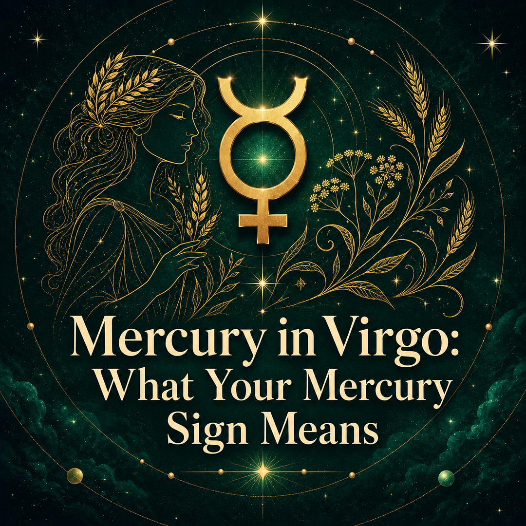 Mercury in Virgo astrology image with a gold Mercury symbol, celestial maiden, and wheat details.