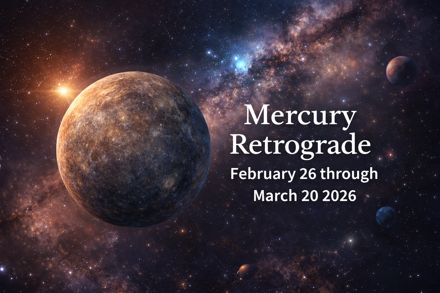 Illustration of the planet Mercury in space symbolizing Mercury Retrograde from February 26 through March 20, 2026
