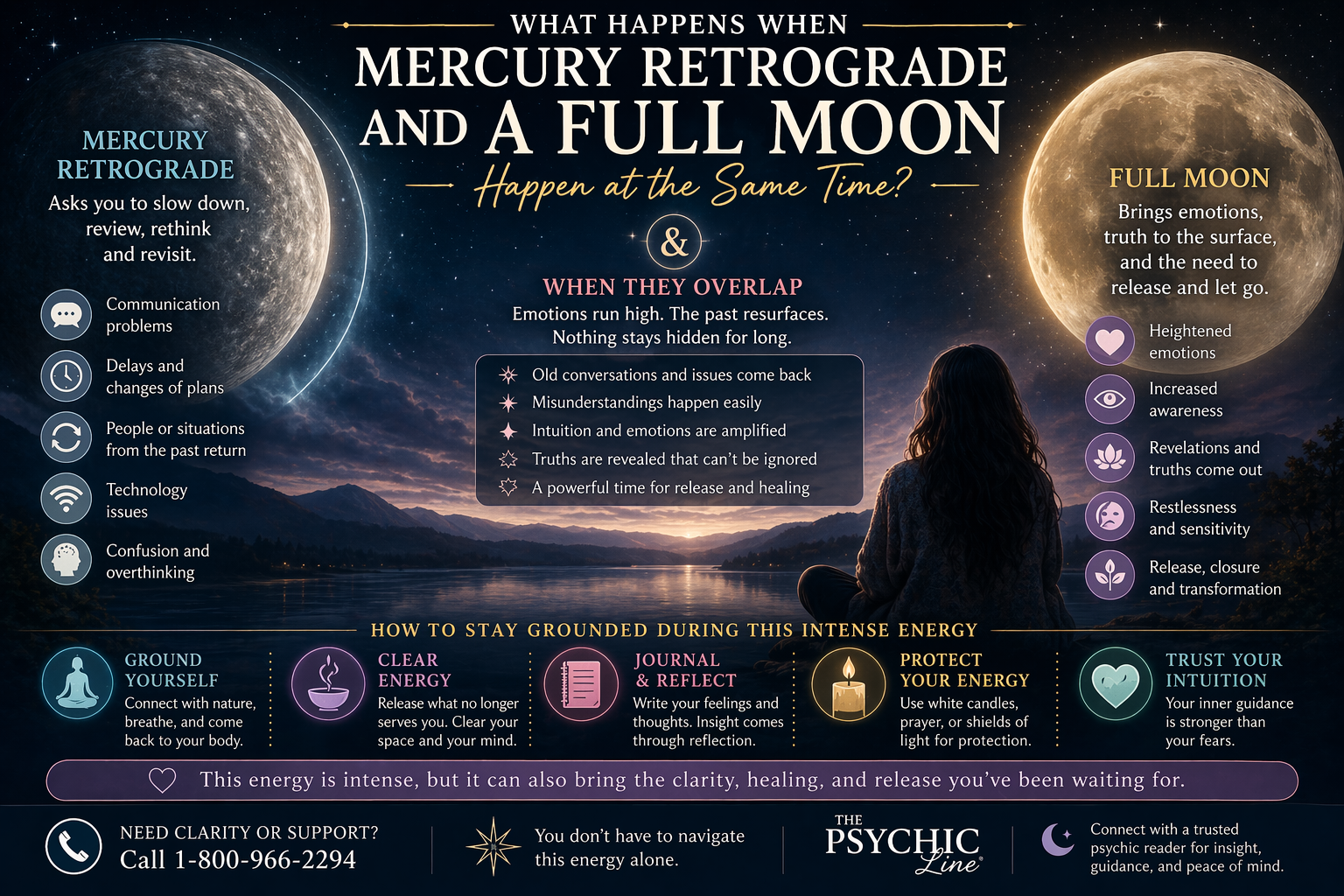 Mercury Retrograde and Full Moon meaning infographic showing emotional effects, communication challenges, and how to stay grounded during intense moon energy