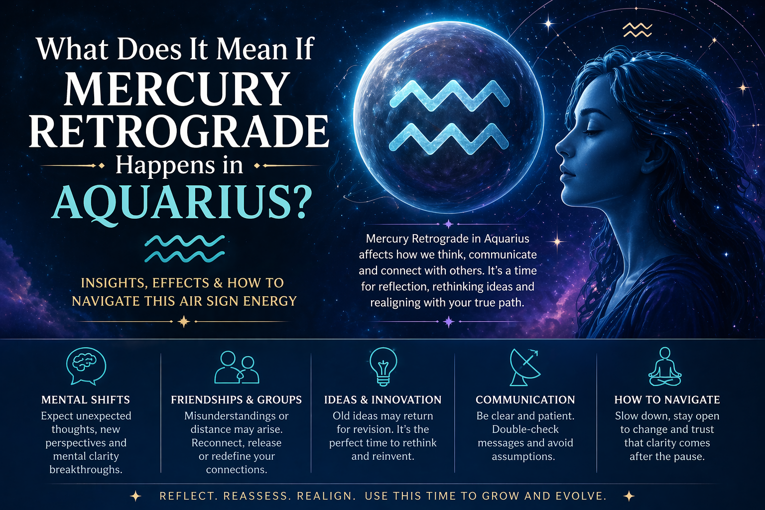 Mercury Retrograde in Aquarius meaning infographic showing effects on communication, thoughts, friendships, and personal growth