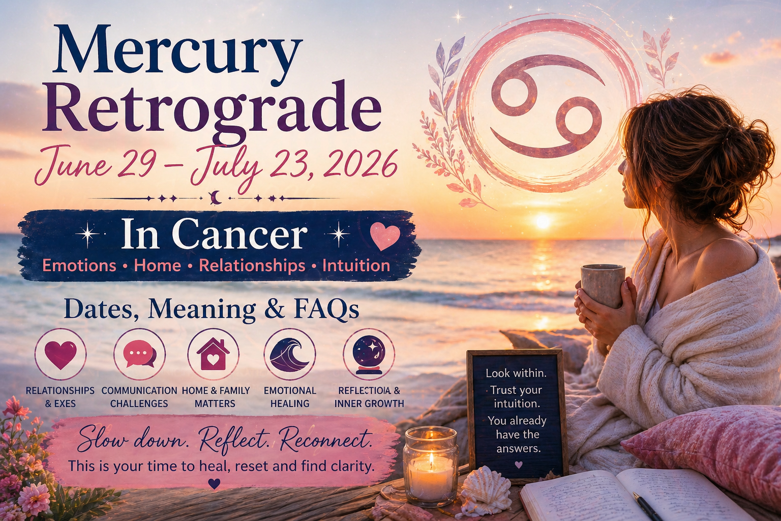 Mercury Retrograde June July 2026 in Cancer showing emotional healing, relationships, and reflection by the ocean at sunset
