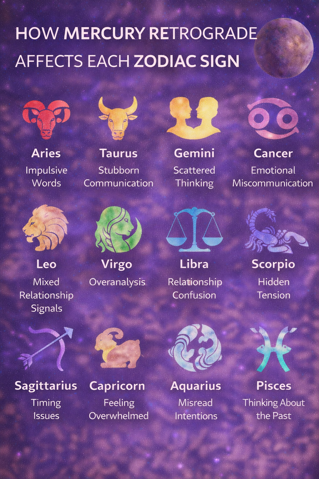 hart showing how Mercury retrograde affects each zodiac sign including Aries, Taurus, Gemini, Cancer, Leo, Virgo, Libra, Scorpio, Sagittarius, Capricorn, Aquarius, and Pisces