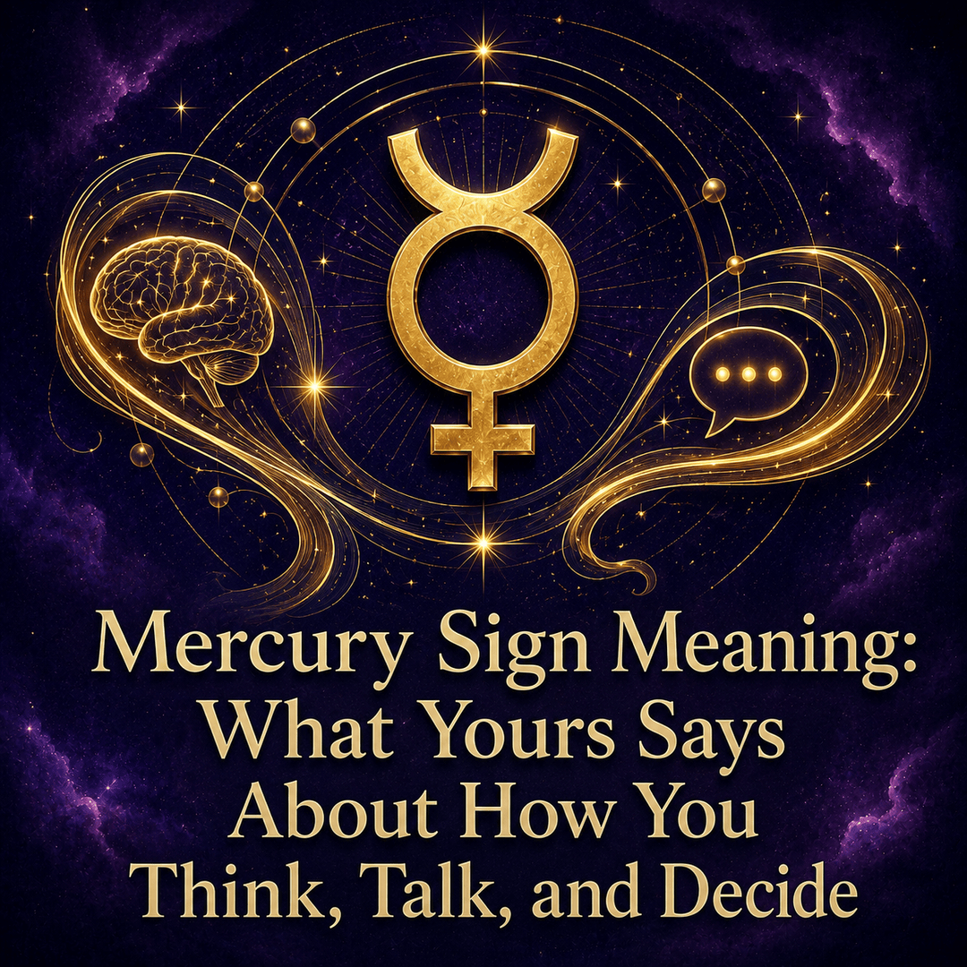 Mercury sign meaning artwork with a gold Mercury symbol, brain, and speech bubble on a violet celestial background.