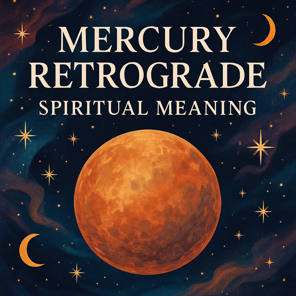 Planet Mercury glowing in a starry violet-blue sky with gold moons and stars, symbolizing Mercury Retrograde spiritual energy.