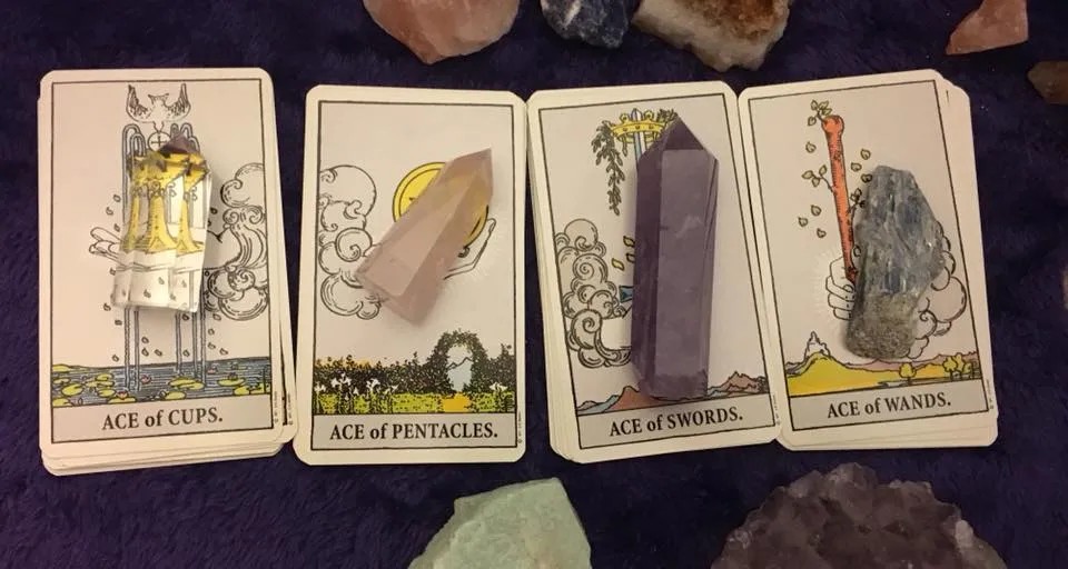 Minor Arcana Tarot cards showing Cups, Pentacles, Swords, and Wands