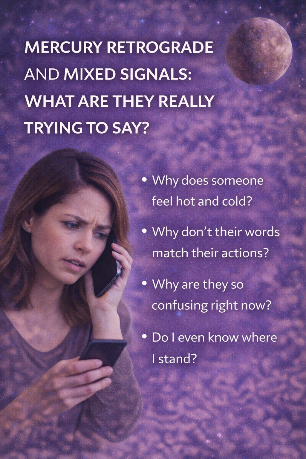 woman looking confused at her phone during Mercury retrograde and trying to understand mixed signals in communication