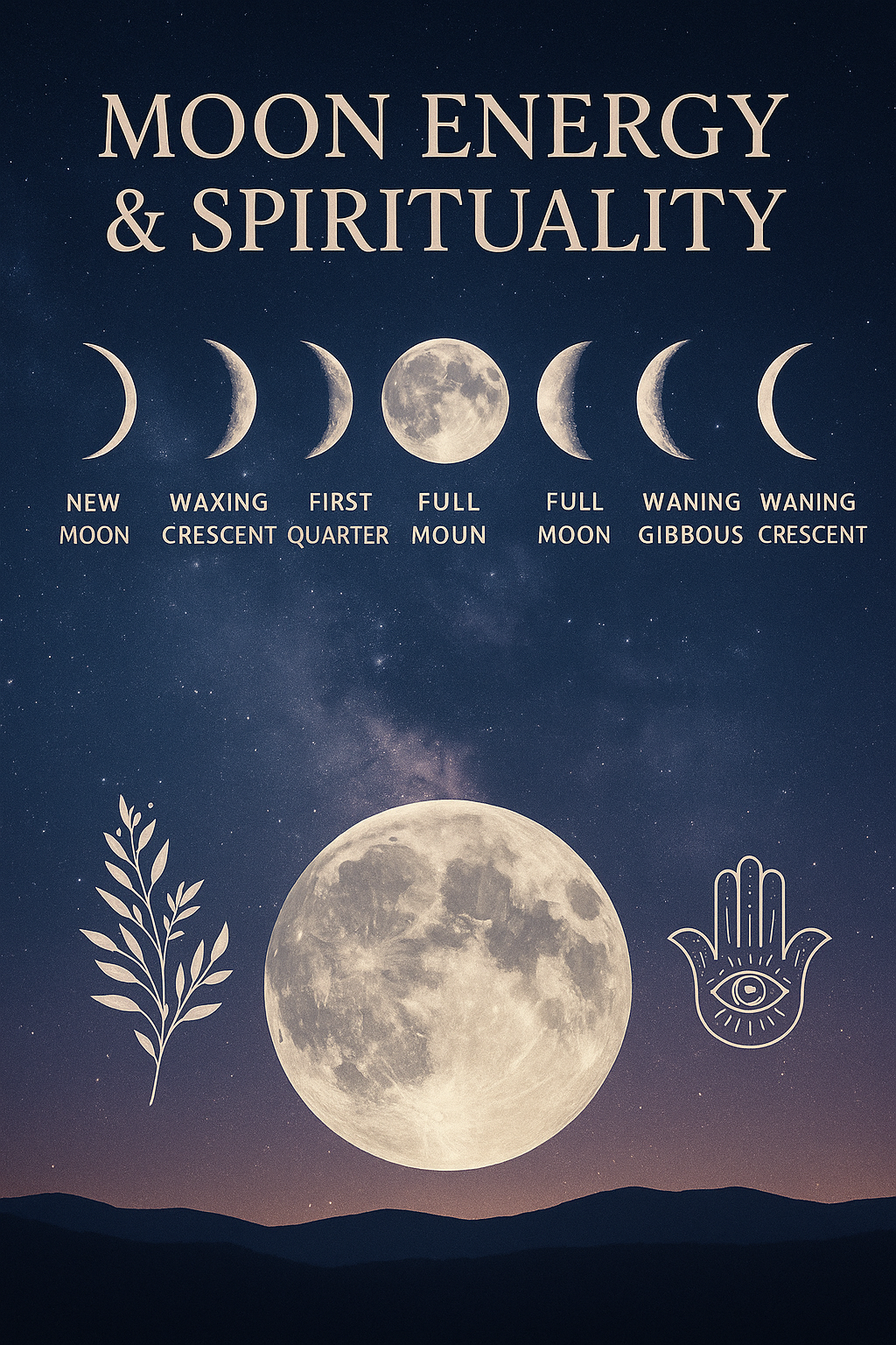 A digital illustration titled "Moon Energy & Spiritual Phases" featuring a luminous moon surrounded by icons representing the eight moon phases (new moon, crescent, quarter, gibbous, full moon, etc.), with spiritual symbols like stars, crystals, and journal prompts. The design uses soft purples and blues to evoke calm, intuitive energy, visually guiding viewers through lunar cycles and their meanings.