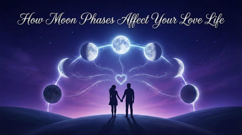 Silhouette of a couple holding hands under a glowing lunar cycle with the title text How Moon Phases Affect Your Love Life