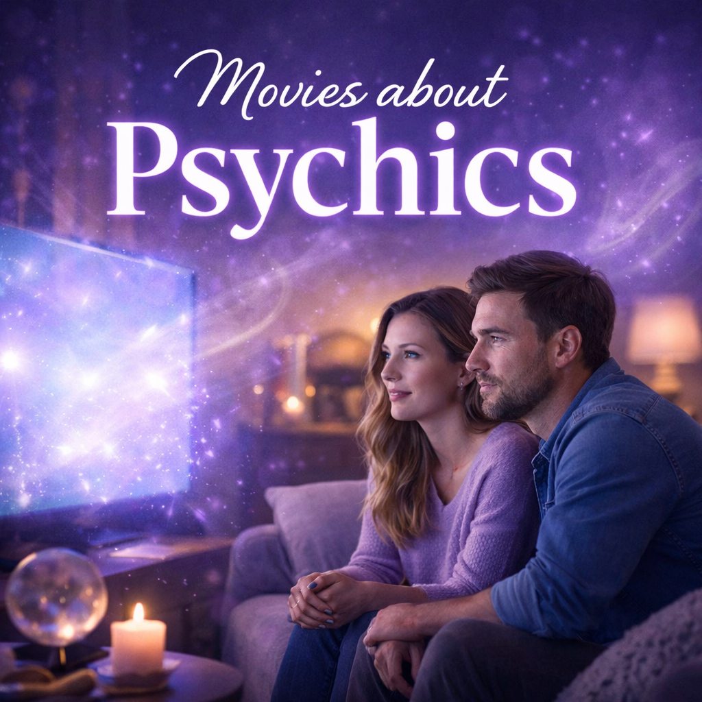Realistic couple in their 30s watching a glowing screen with psychic energy, representing movies about psychics, intuition, and spiritual connection