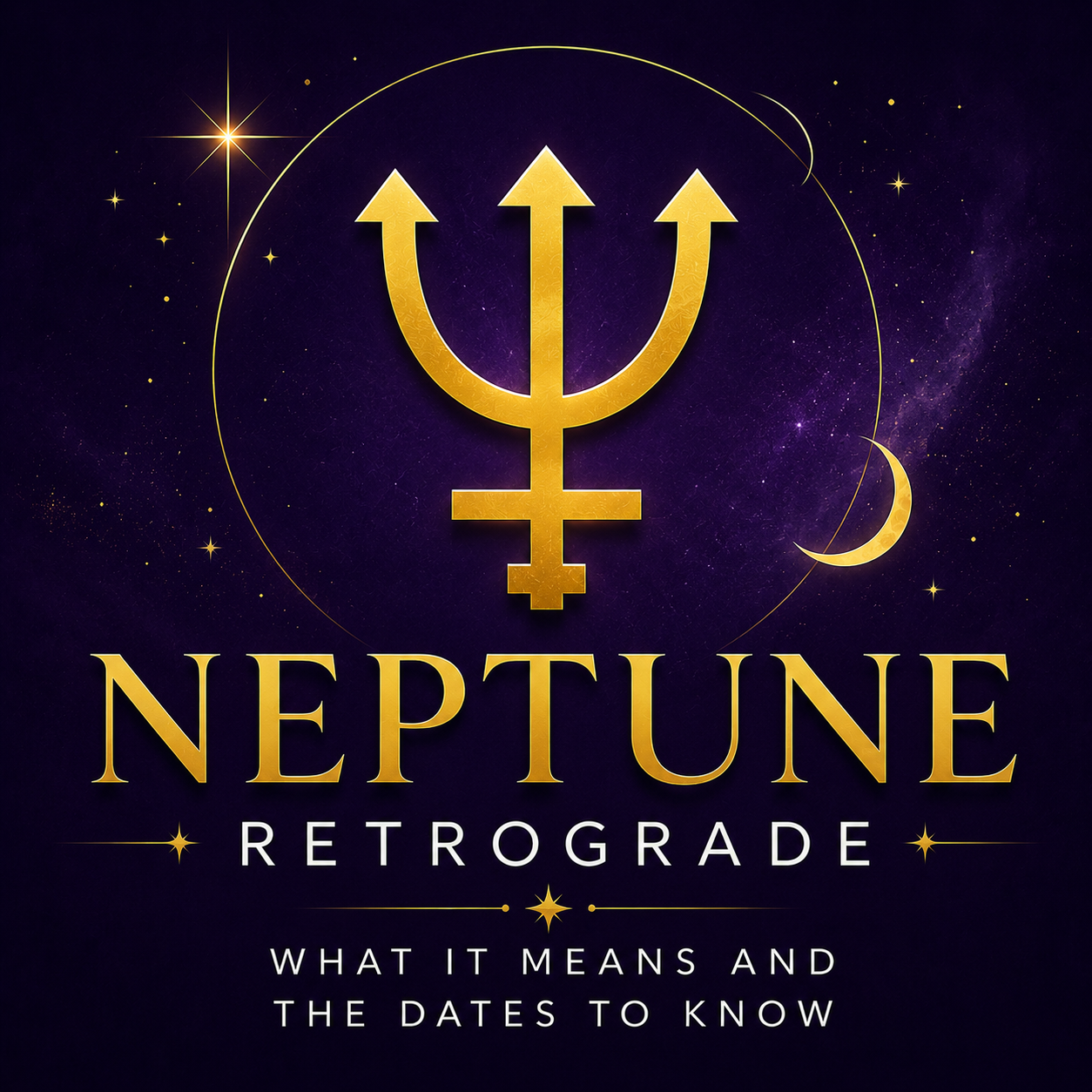 Gold Neptune symbol on a deep violet celestial background with “Neptune Retrograde: What It Means and the Dates to Know.”