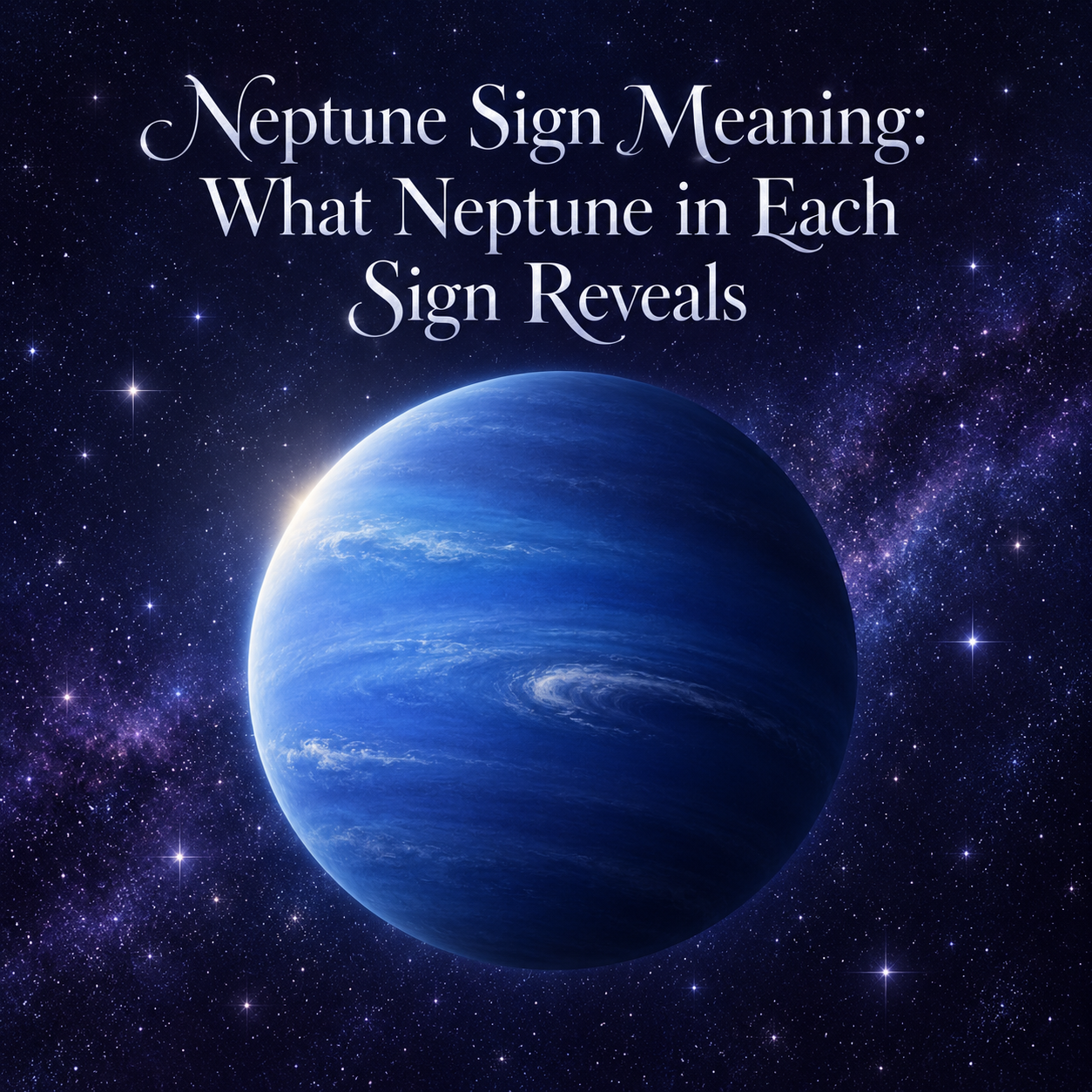 Blue Neptune in a violet starry sky with the title “Neptune Sign Meaning: What Neptune in Each Sign Reveals.”