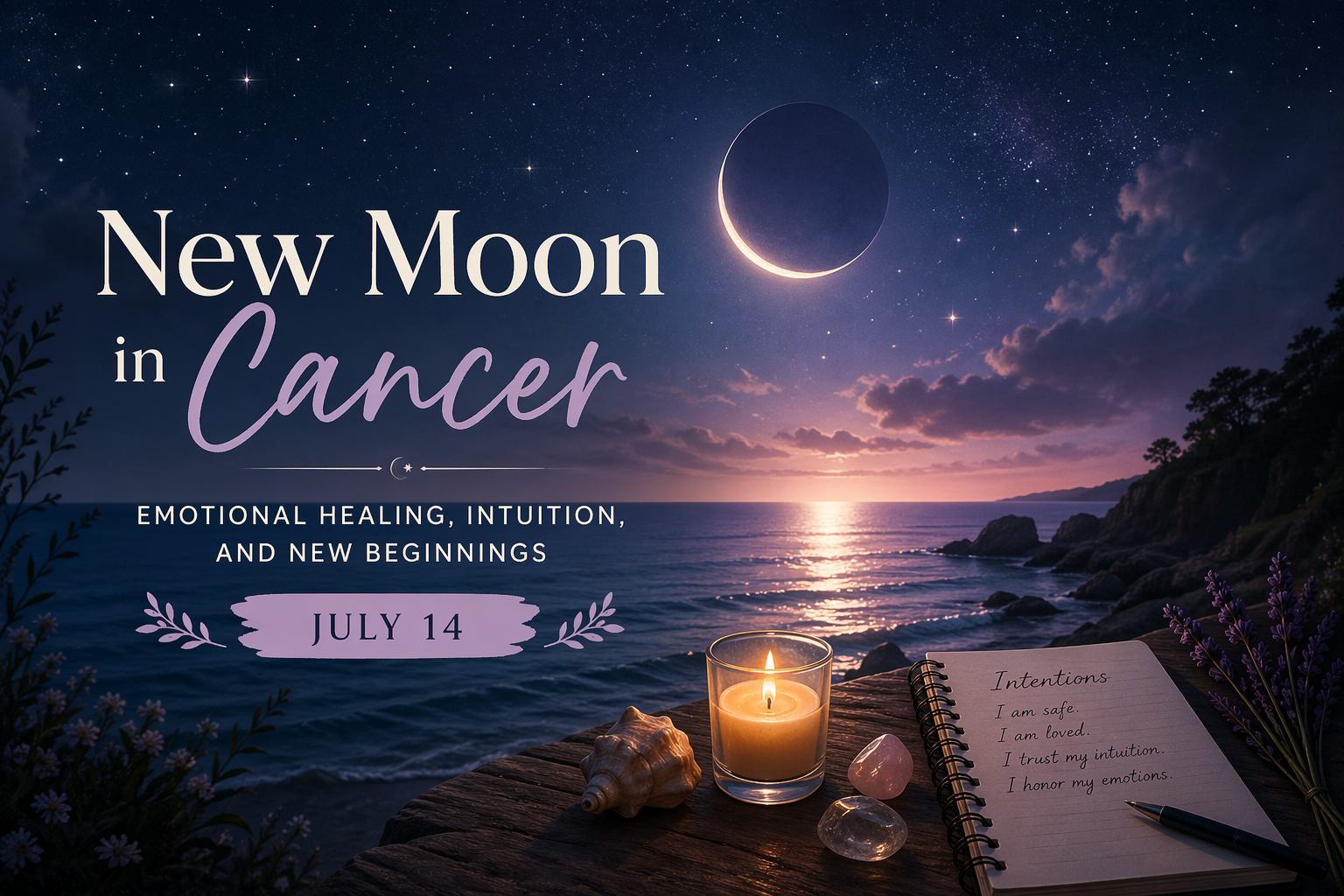 New Moon in Cancer July 14 over ocean with candle and journal symbolizing emotional healing, intuition, and new beginnings