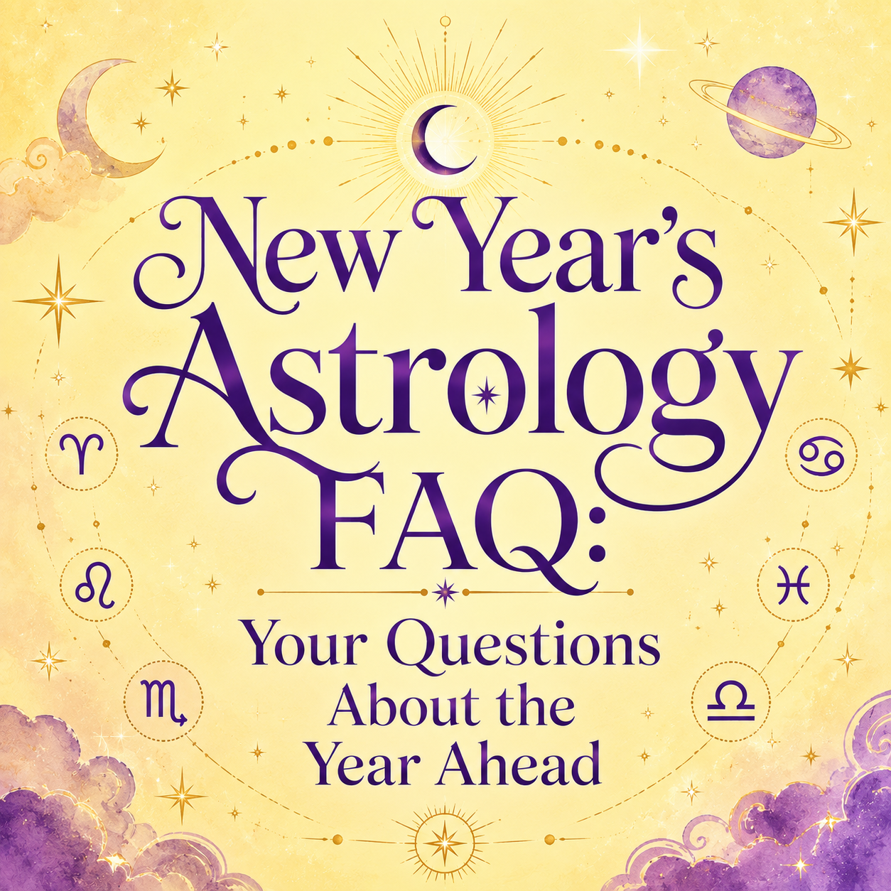 Purple and gold New Year’s astrology FAQ design on a light yellow celestial background.