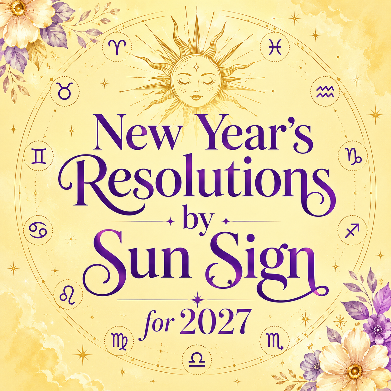 Purple and gold zodiac design on a light yellow background with “New Year’s Resolutions by Sun Sign for 2027.”