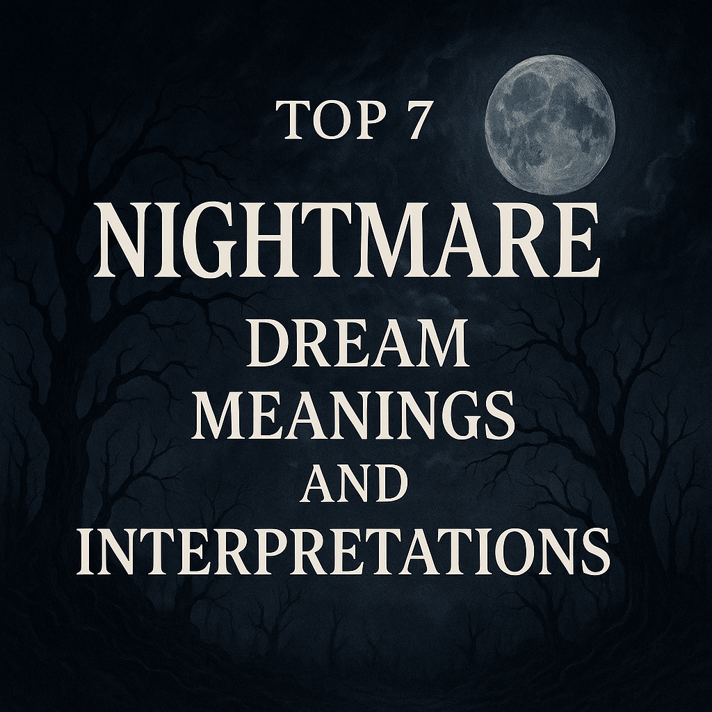 Full moon over dark trees with text “Top 7 Nightmare Dream Meanings and Interpretations,” eerie and dreamlike atmosphere.
