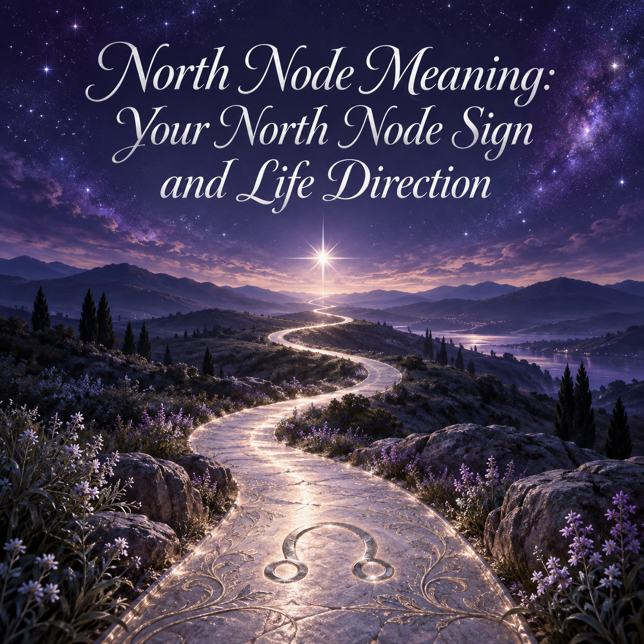 A winding silver path with the North Node symbol leads toward a bright star beneath a violet sky.