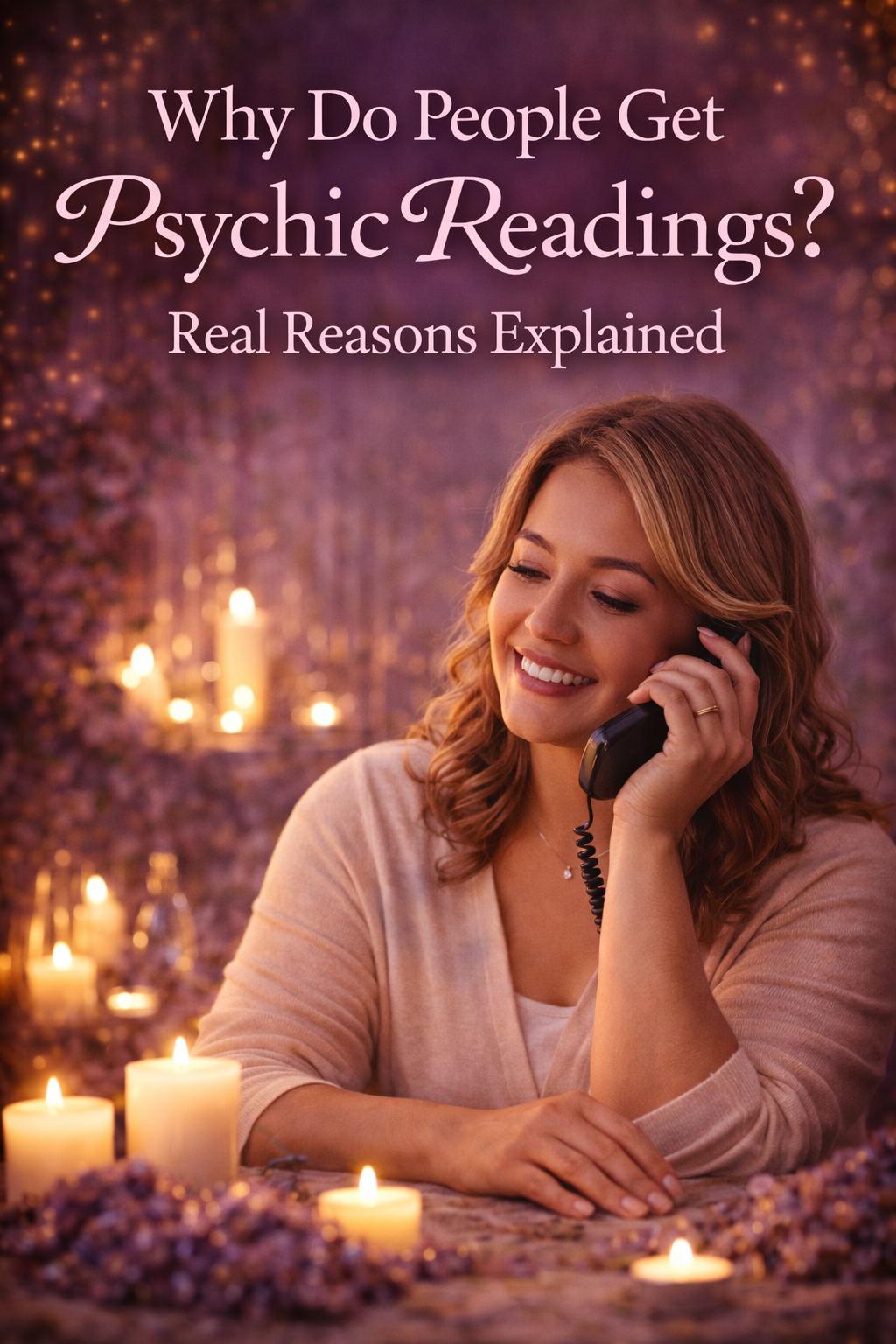 Woman smiling while talking on the phone during a psychic reading, representing clarity, comfort, and emotional guidance