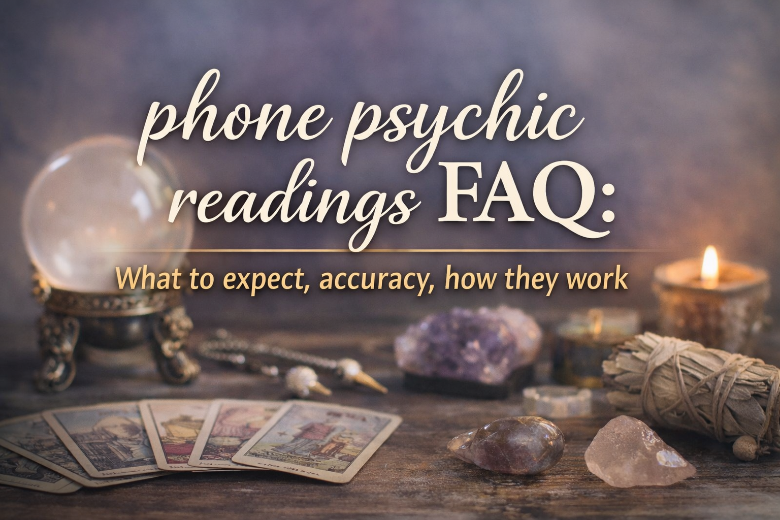 Muted spiritual items including tarot cards, crystals, and a crystal ball with text reading “Phone psychic readings FAQ: what to expect, accuracy, how they work”
