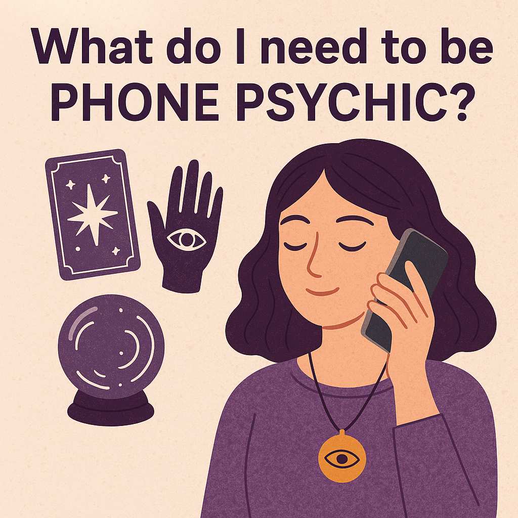 Mystical illustration of a phone psychic with a crystal ball, tarot cards, and a smartphone headset, symbolizing intuition and technology