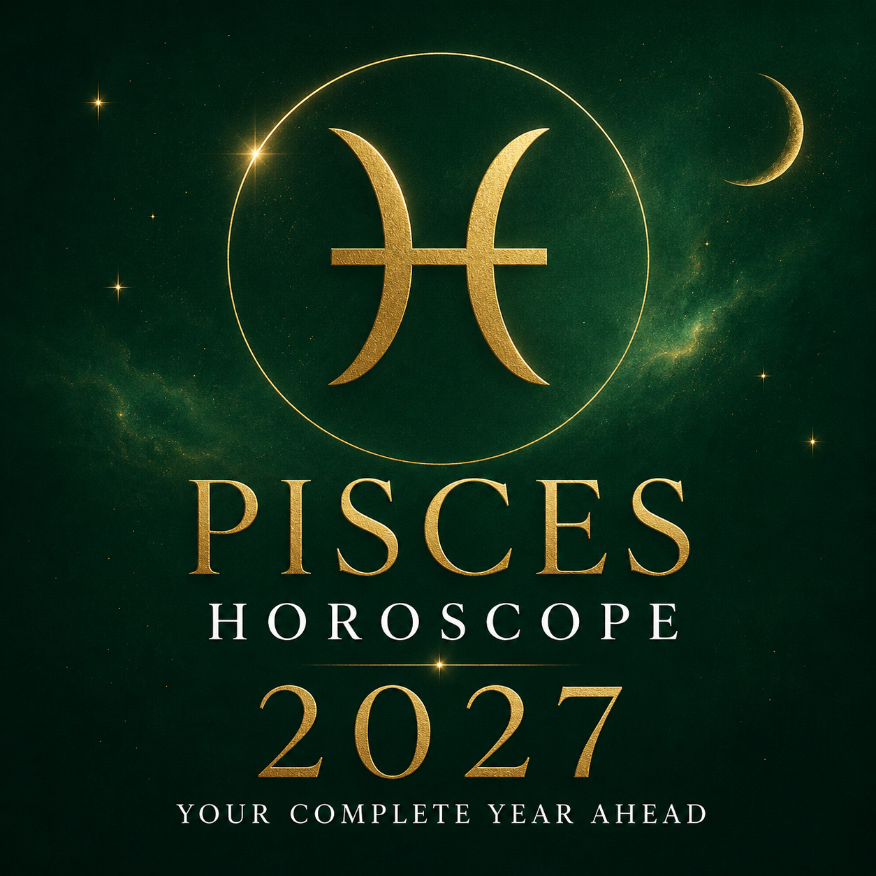 Gold Pisces zodiac symbol on a deep emerald green background with “Pisces Horoscope 2027: Your Complete Year Ahead.”