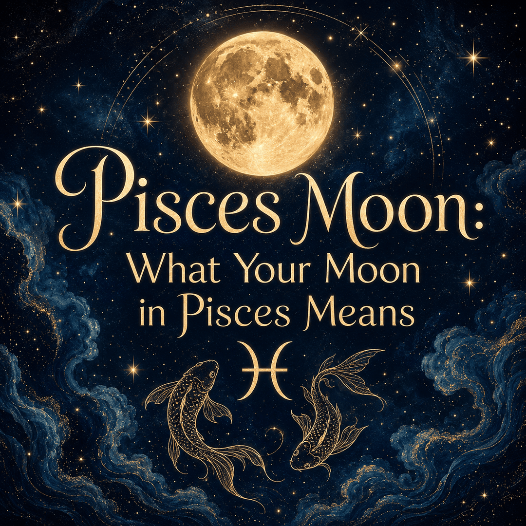 Celestial Pisces Moon graphic with a glowing full moon, Pisces symbol, golden fish, stars, and deep blue cosmic waves.