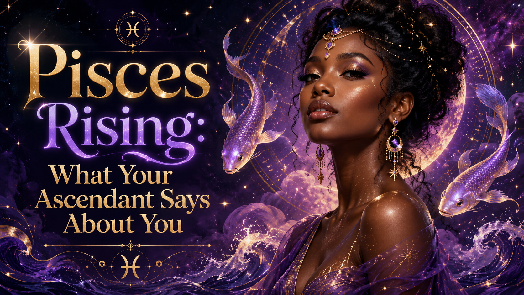 Celestial Pisces Rising image with a woman, two glowing fish, and purple cosmic astrology details.