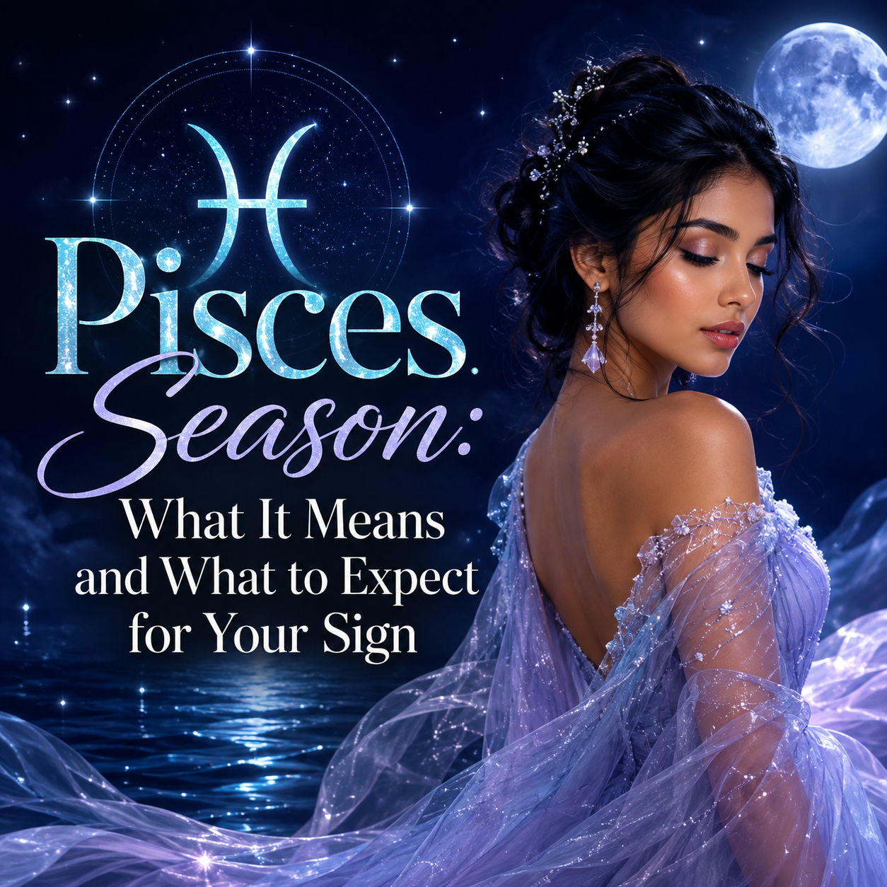 Pisces Season astrology graphic featuring a woman, Pisces symbol, glowing moon, stars, and moonlit water with the title What It Means and What to Expect for Your Sign.