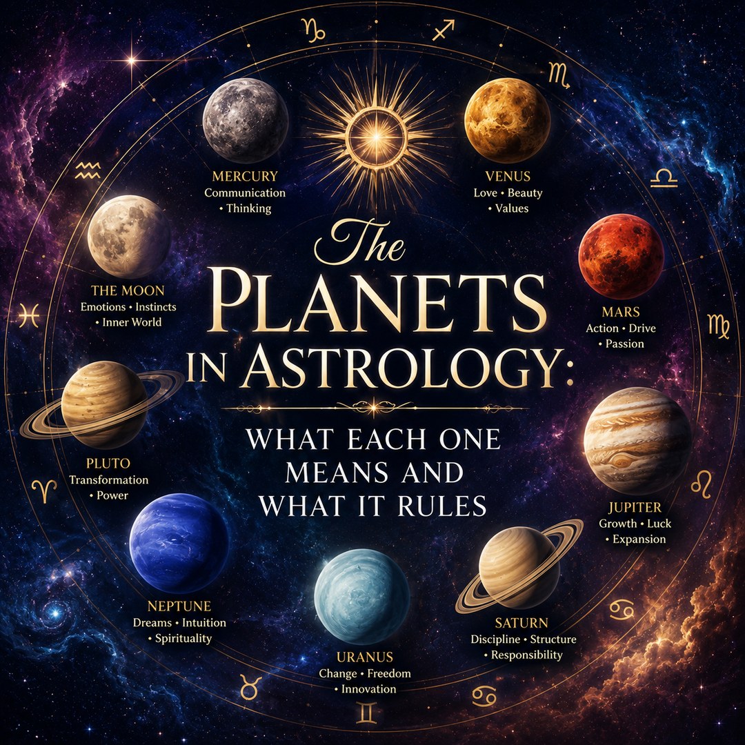 The planets used in astrology arranged in a ring around a golden sun, each labeled with what it governs, against a starry sky with zodiac symbols