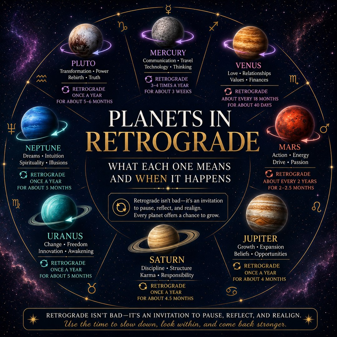 Eight planets arranged in a circle, each ringed by a looping retrograde arrow and labeled with what it governs and how often it turns retrograde
