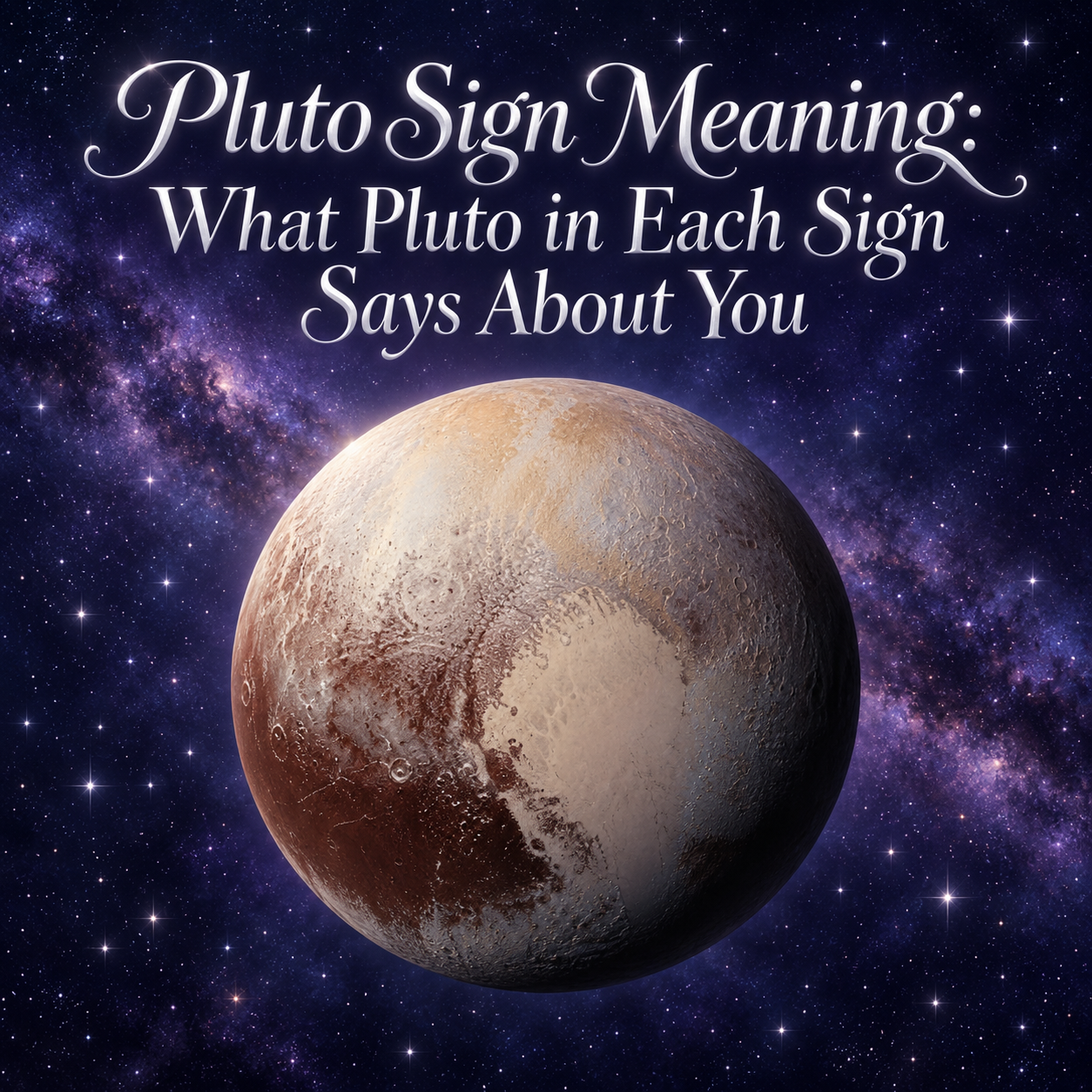 Pluto against a violet starry sky beneath the title “Pluto Sign Meaning: What Pluto in Each Sign Says About You.”