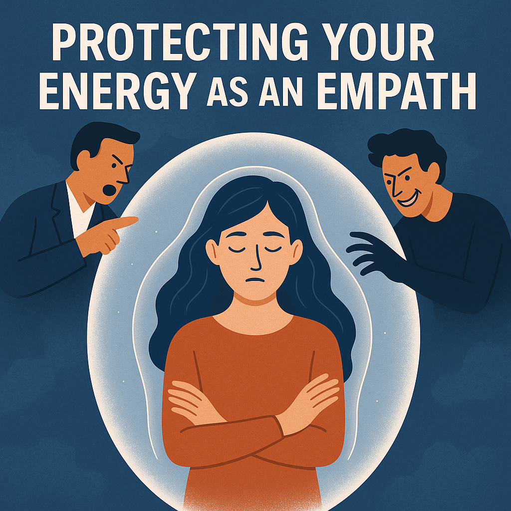 Protecting your energy as an empath – digital illustration of a woman in a glowing protective bubble shielding herself from negative people, symbolizing empathic psychic energy protection and boundary setting.